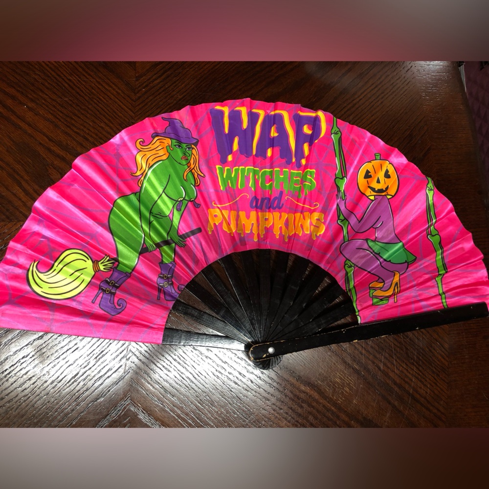 Pink Halloween Fan with Witch and Pumpkin Design Not intended For Children !!!